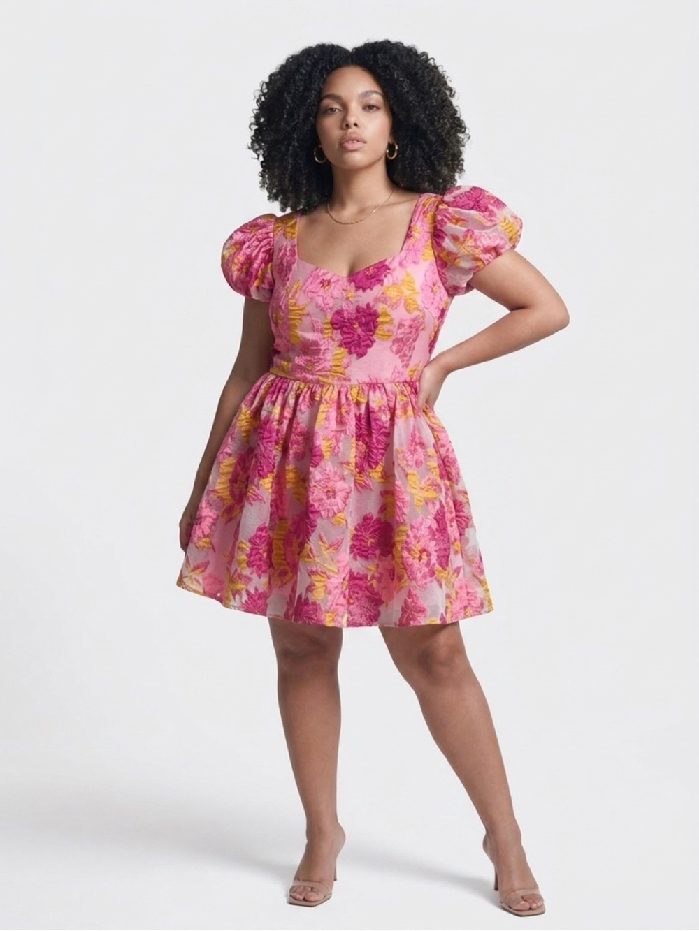 JessaKae Pink and Yellow Floral Puff-Sleeve Mini Dress